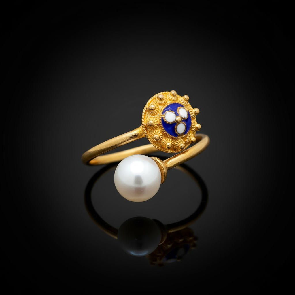 Enamel Flower Ring with Pearl  [19.2KT. Gold] - Caramujo