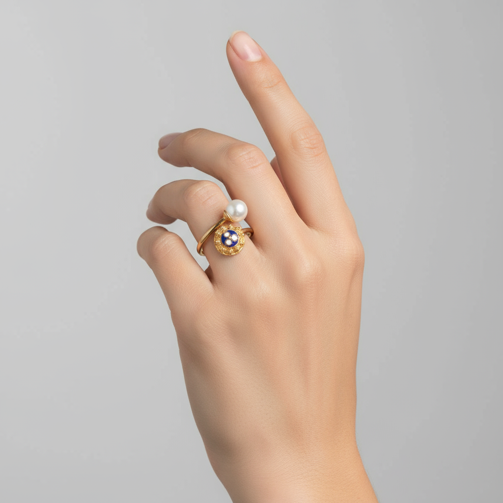 Enamel Flower Ring with Pearl [Gold Plated Silver]