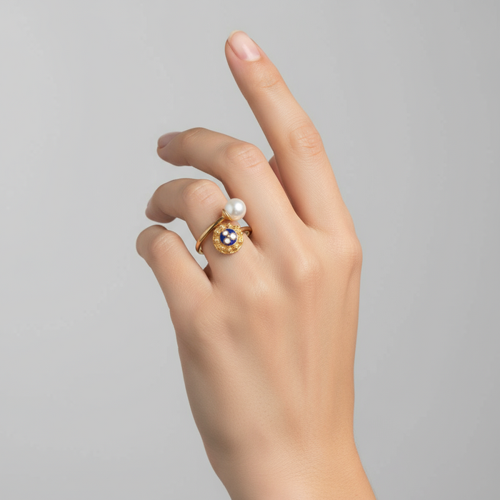 Enamel Flower Ring with Pearl