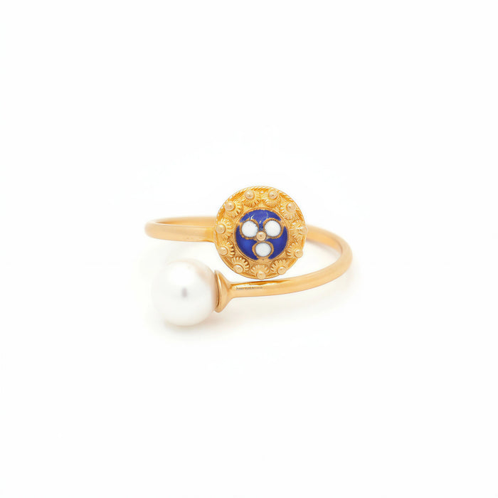 Enamel Flower Ring with Pearl