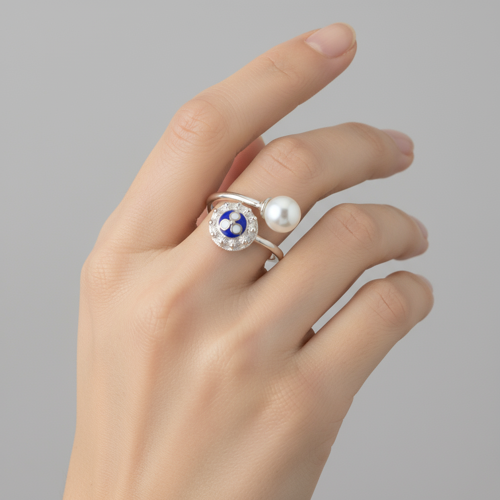 Enamel Flower Ring with Pearl  [Silver] - Caramujo