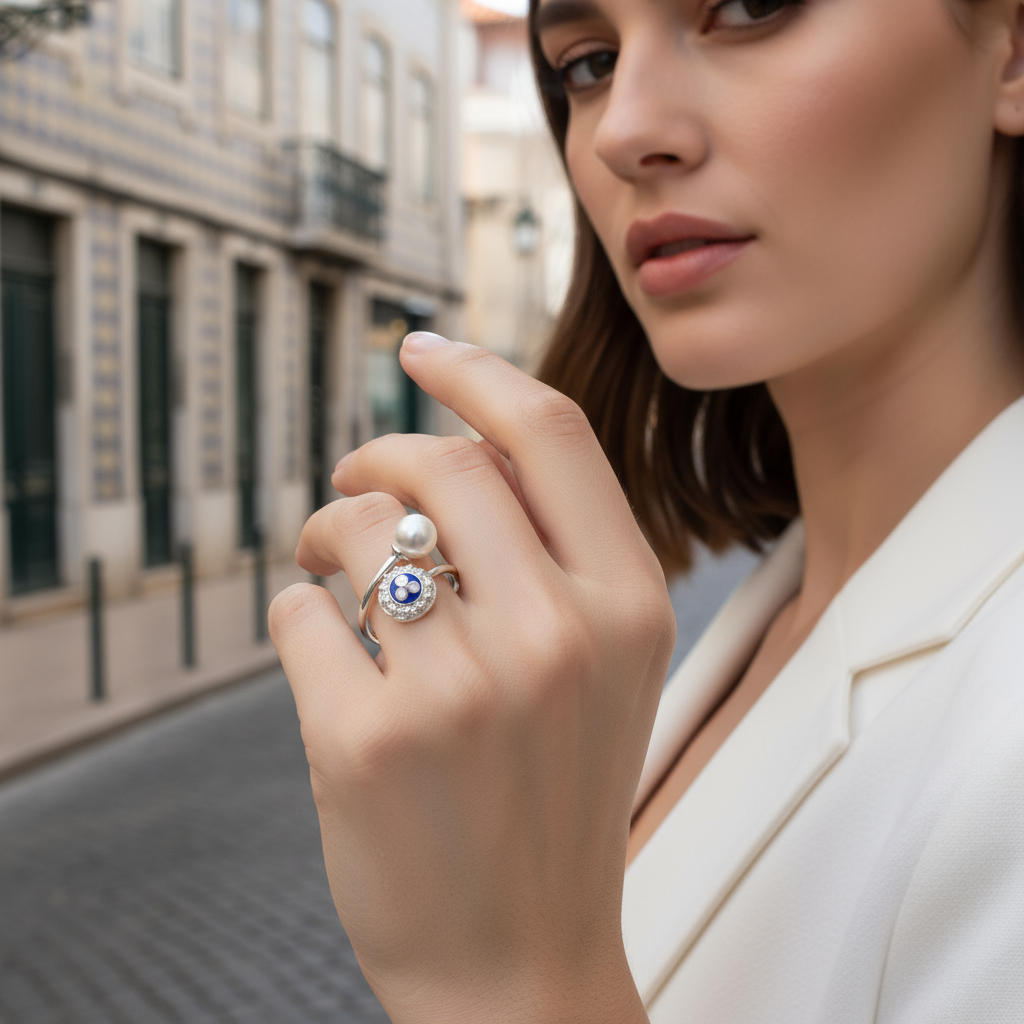 Enamel Flower Ring with Pearl  [Silver] - Caramujo