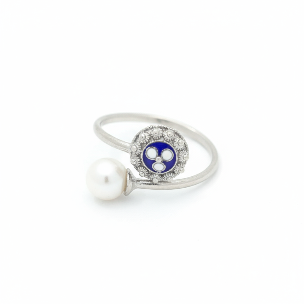 Enamel Flower Ring with Pearl  [Silver] - Caramujo