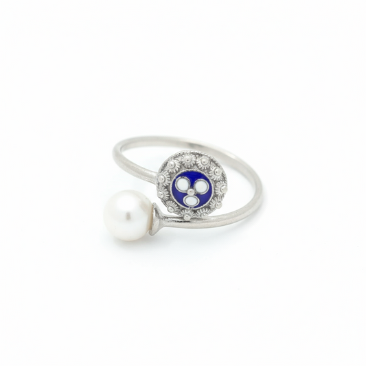Enamel Flower Ring with Pearl  [Silver] - Caramujo