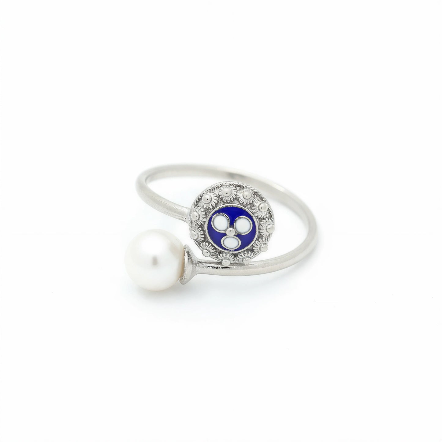 Enamel Flower Ring with Pearl  [Silver] - Caramujo
