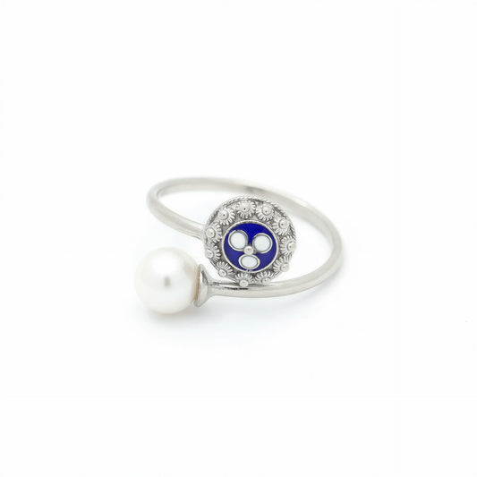 Enamel Flower Ring with Pearl  [Silver] - Caramujo