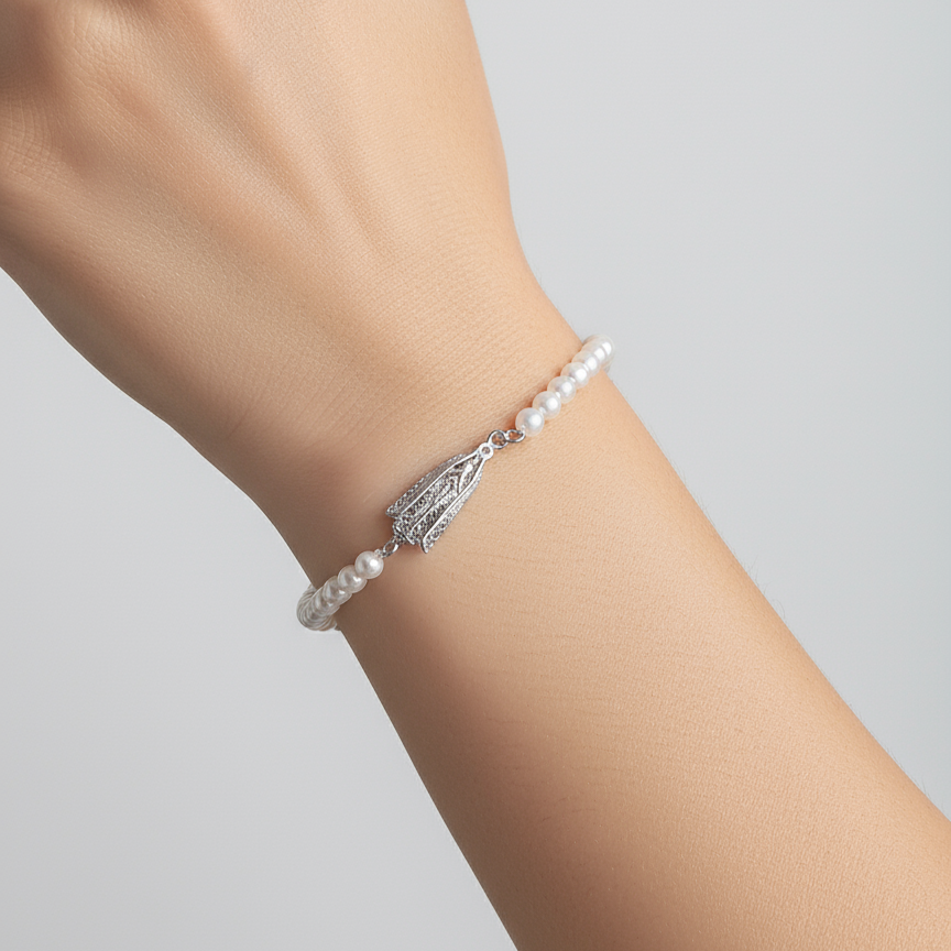 Our Lady of Fatima Filigree Pearl Bracelet [Silver]