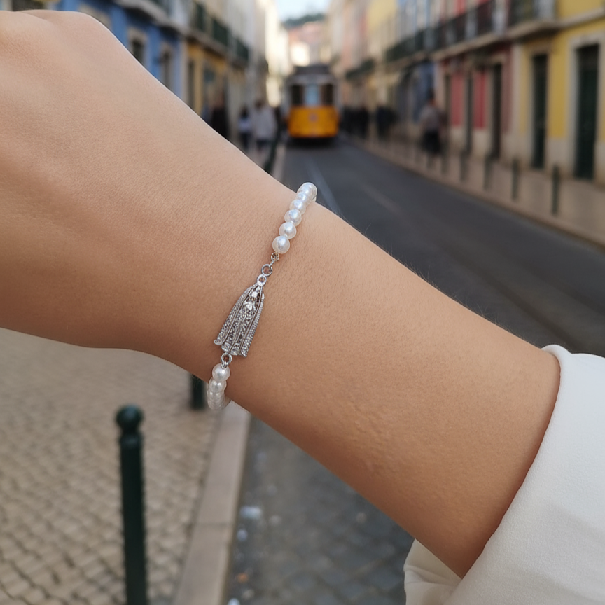 Our Lady of Fatima Filigree Pearl Bracelet [Silver]