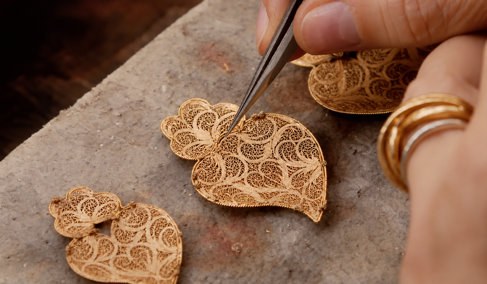 Gold filigree heart being assembled by hand