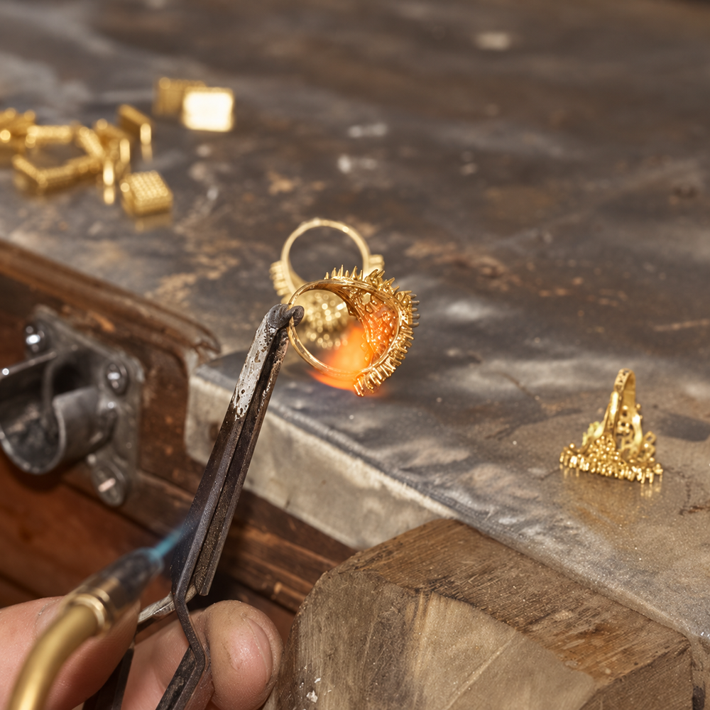 Soldering gold jewelry at a workbench
