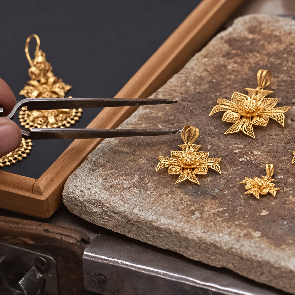 Gold filigree stars at an artisan workbench
