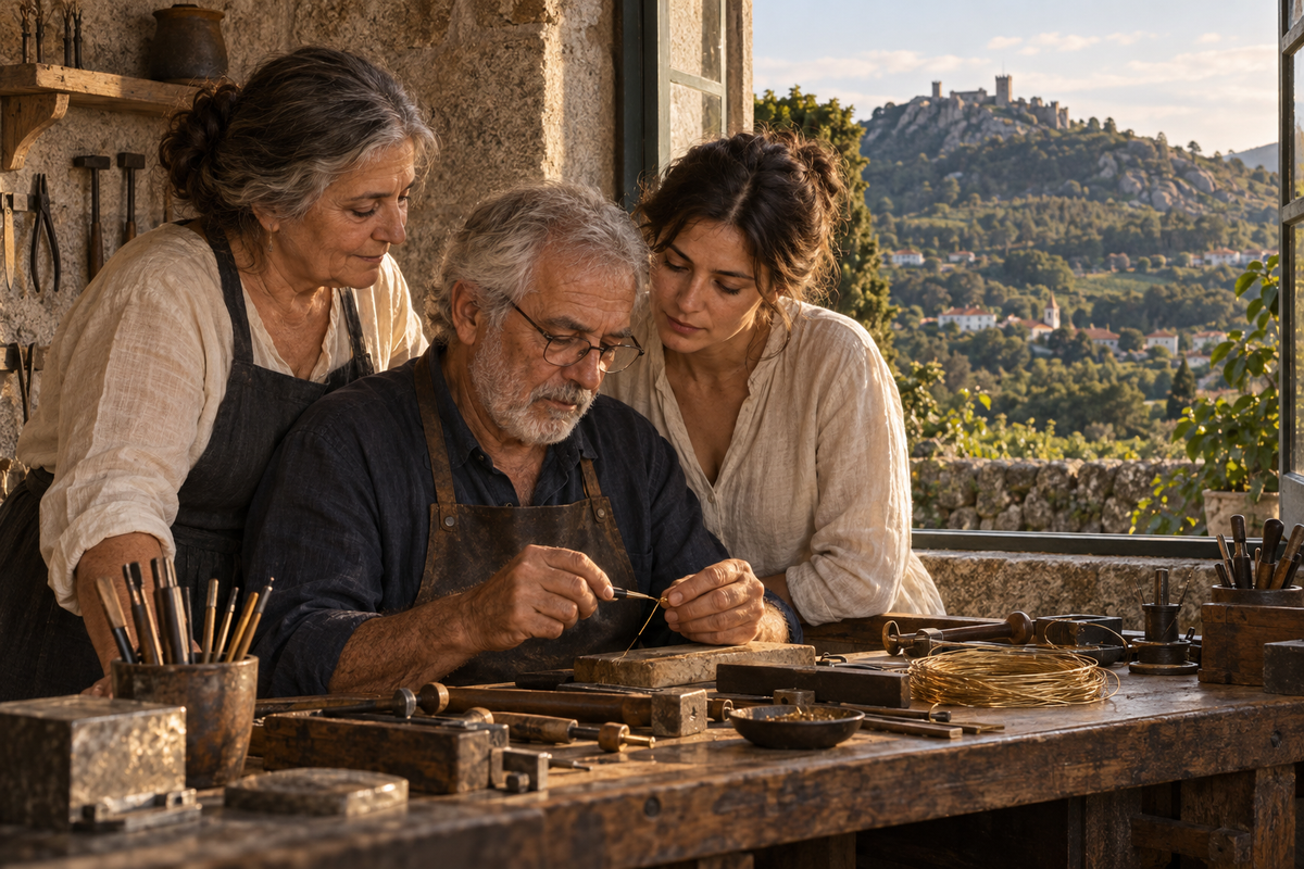 Illustrative artisan family in a workshop inspired by Póvoa de Lanhoso