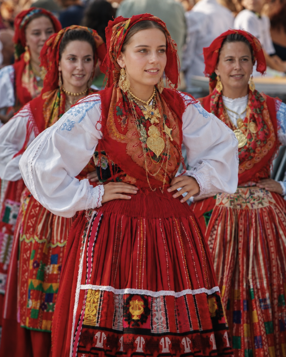 Women in red Viana dress wearing layered gold jewelry