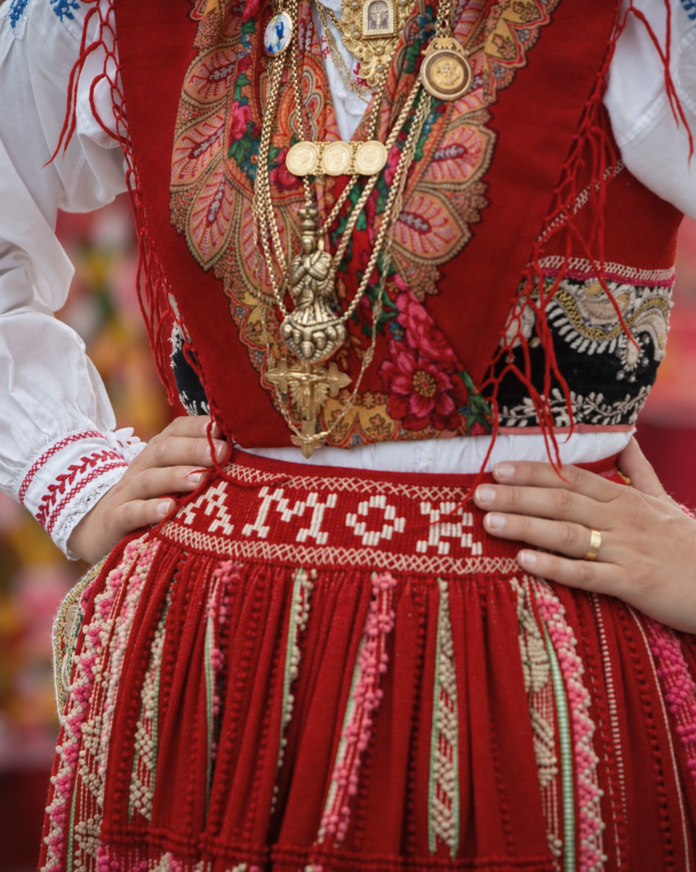 Family gold jewelry over richly embroidered traditional Viana dress