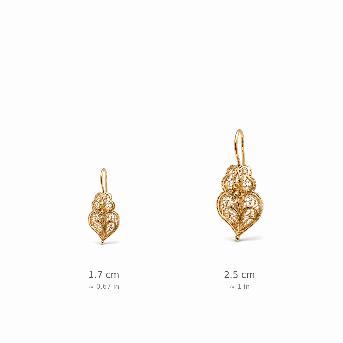 Size comparison: Heart of Viana earring 1.7 cm (0.67 in) next to 2.5 cm (1 in)